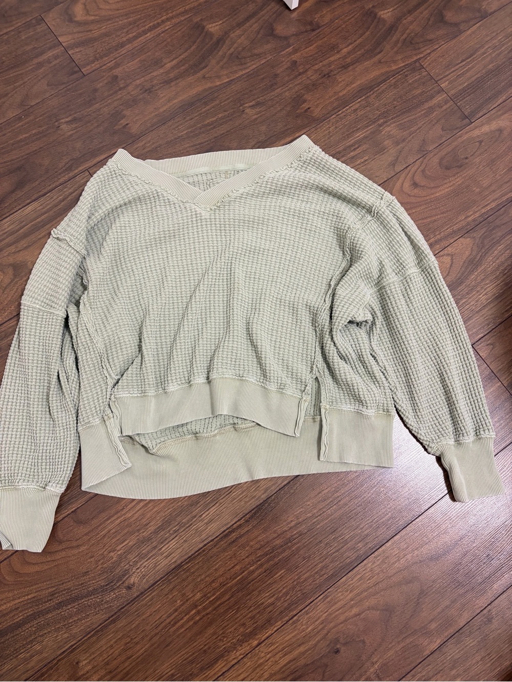 Light Sage Waffle V-Neck Women's Sweater